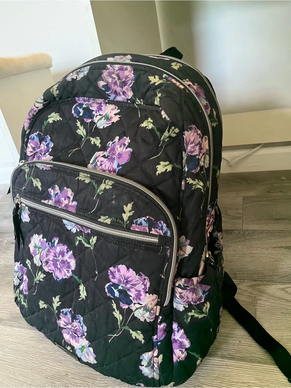 Vera Bradley Quilted Floral Backpack - Black with Purple Flowers | Has small rip